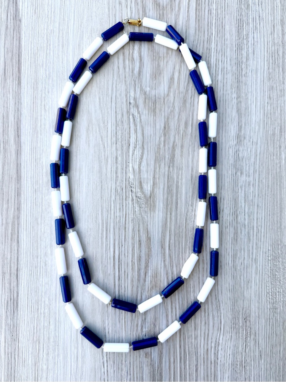 Vintage Blue & White Cylinder Tube Bead Necklace Nautical Mid-Century Hong Kong
